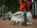 [Frank riding a stone rabbit]