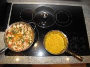 [Cooking the shrimp and yellow rice]